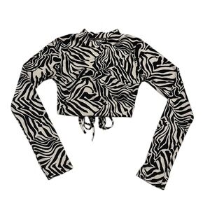 Open Back Black and White Zebra Print Long Sleeve Ribbed Crop Top Small